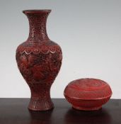 A Chinese cinnabar lacquer vase and a similar small box and cover, 19th century, each carved in