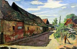Llewellyn Petley-Jones (1908-1986)oil on canvas,'Barns at Wraysbury',signed and dated '83,20 x