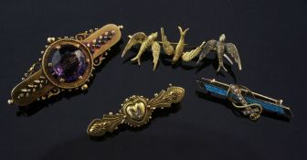 Four Victorian 15ct gold bar brooches, including a triple swallow brooch and enamel and seed pearl