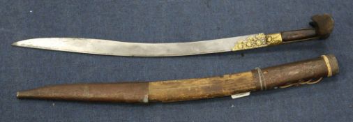 A Turkish Yatagan, with 24 inch curved etched blade with shaped horn handle and embossed gilt