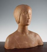 A French Art Deco terracotta bust of a young woman, unsigned, 15.75in.