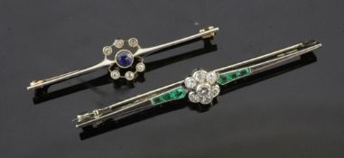 A 1930's 18ct gold and platinum, emerald and diamond cluster bar brooch, set with nine round cut