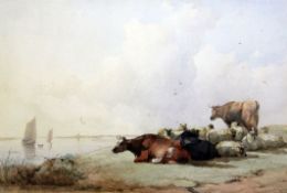 Thomas Francis Wainewright (exh. 1880-1899)watercolour,Cattle and sheep beside an estuary,signed and