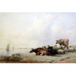 Thomas Francis Wainewright (exh. 1880-1899)watercolour,Cattle and sheep beside an estuary,signed and
