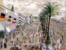 § John Paddy Carstairs (1916-1970)gouache on paper,Carnival parade along the esplanade,signed,18.5 x