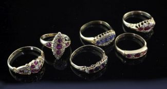 Six late 19th/early 20th century gem set dress rings, including a 15ct gold "Regard" ring (a.f.),