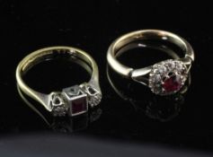 A 1920's gold, ruby and diamond cluster ring and a 1920's 18ct gold and platinum ruby and diamond