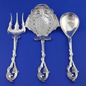 A cased set of three ornate Norwegian 830 standard silver servers by K. Hagen, comprising a spoon