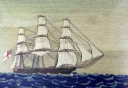 A Victorian woolwork picture of a ship at full sail, within maple rectangular frame, 22.75in.