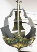 A Banksway Art Deco gilt bronze 'Nelson ship' ceiling light, modelled with sails, coloured glass