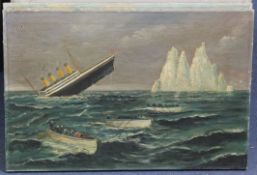 T.H. Johnpair of oils on canvas,RMS Titanic before and after striking the iceberg,signed and dated