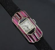 A lady's 1930's Art Deco continental 18ct white gold and synthetic ruby set cocktail watch, of