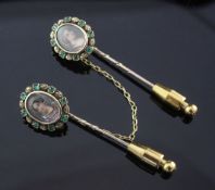 A pair of 19th century French 18ct gold and gem set oval studs, each with an inset painted