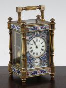 A late 19th century French gilt brass and champleve enamel hour repeating carriage alarum clock,