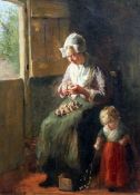 Bernard "de" Hoog (1866-1943)oil on canvas,Interior with woman peeling onions and a child,signed,
