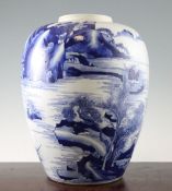 A large Chinese blue and white ovoid jar, in Kangxi style, painted with figures in a mountainous