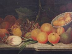 Mid 19th century English Schoolpair of oils on canvas,Still lifes of fruits on ledges,12 x 16in.