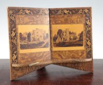 A Victorian Tunbridgeware ash bookstand, with views of Tonbridge Castle and Hever castle, within
