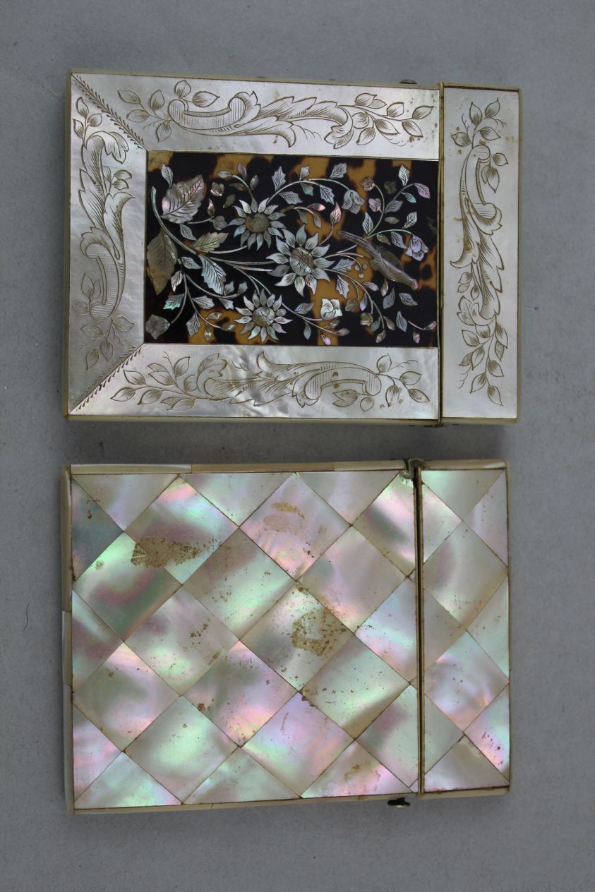 A Victorian engraved mother of pearl card case, the rectangular tortoiseshell panels inlaid with - Image 3 of 4