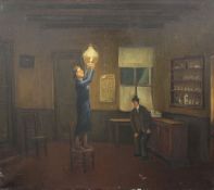 Oscar Coleman (b.1893)oil on canvas,Interior with woman lighting an oil lamp,signed and dated 1951,