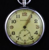 A Jaeger Le Coultre chrome cased military pocket watch, with Arabic dial and subsidiary seconds, the