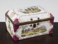 A Dresden porcelain casket and cover, late 19th century, the exterior painted with hunting scenes