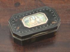 A George III elongated octagonal tortoiseshell snuff box, the lid with pique work and central