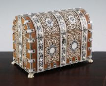 An Anglo Indian sandalwood and ivory dome top stationery box, with pierced ivory panels decorated