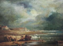 19th century English Schooloil on wooden panel,Coastal landscape with fishermen beaching a boat,9