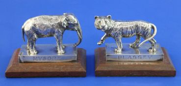 An Edwardian Indian regimental related silver model of an elephant on a rectangular base