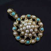 A Victorian style gold, turquoise and split pearl set pendant, with pierced central starburst motif,