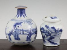 A Chinese blue and white huqqa base and a similar opium pipe base, Kangxi period, the globular huqqa