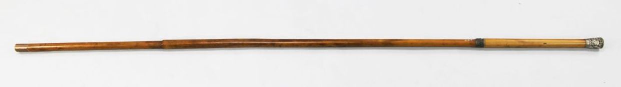 A late 19th / early 20th century Chinese bamboo walking cane, the embossed white metal handle