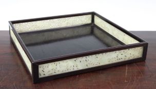 A Chinese rosewood and bowenite mounted square tray, early 20th century, the raised sides of the