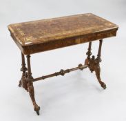 A Victorian burr walnut and marquetry inlaid rectangular folding card table, with green baize