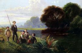 Edwin Henry Boddington (1836-1905)oil on board,River scene with boys fishing,signed and dated 1859,