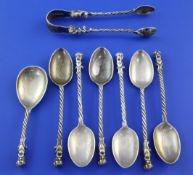 A set of six Victorian silver "Charles Darwin?" spoons with matching tongs and caddy spoon, with