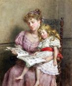 George Goodwin Kilburne (1839-1924)watercolour,Mother and child reading a story book,signed,12 x