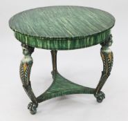 A Continental circular marble topped gueridon, with figural and stiff leaf carved supports united by