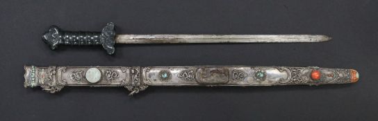A Chinese jadeite, coral and hardstone mounted silver sword, early 20th century, with green