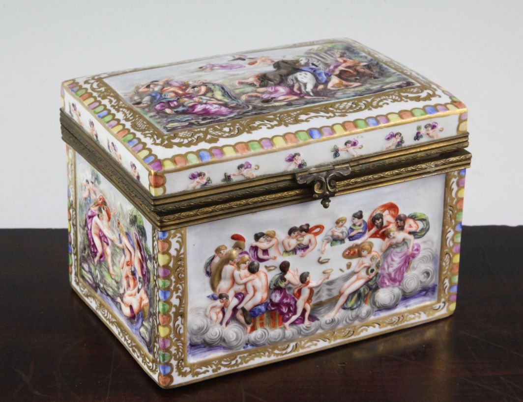A Richard Ginori Capo di Monte style casket and cover, typical relief moulded and enamelled with