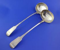 Two George IV Scottish silver fiddle pattern soups ladles, one with engraved monogram, Franklin &