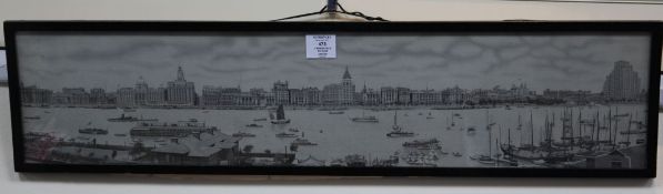 A Chinese machine embroidered silk picture of the river front of Shanghai, 1930's, woven in grey