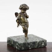 A Continental patinated bronze model of Cupid, standing on one leg, with square green marble base,