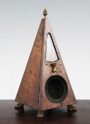 Louis Albert Desoutter. An unusual burr elm and ebony metronome, formed as a pyramid, brass movement