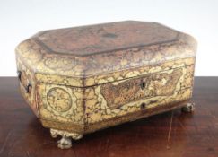 A Chinese export gilt decorated black lacquer sewing box, containing ivory accessories, mid 19th
