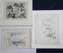 Jean Marchand (1883-1940)3 drawings,pencil sketch town scene, black crayon drawing of a figure in