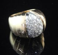 A 1950's/1960's? gold and rose cut diamond set cluster dress ring, with stepped shoulders, size L.