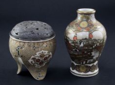 A Japanese Satsuma pottery tripod koro and a similar baluster vase, Meiji period, the koro richly