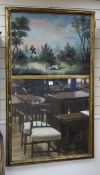 A rectangular gilt framed trumeau mirror, with mirror plate glass below a painted oil on canvas,